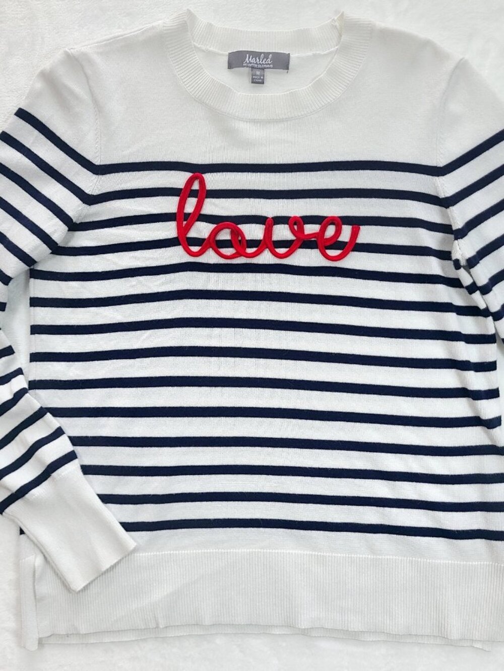 Marled Striped Love Sweater size M Medium White Navy Red Pullover